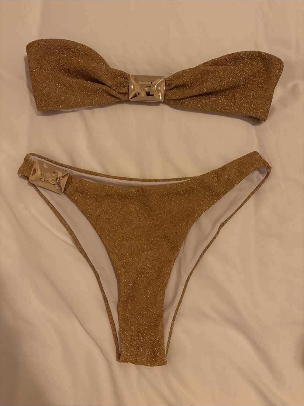 Gold Shimmery Bandeau Bikini Set with Metallic Accents